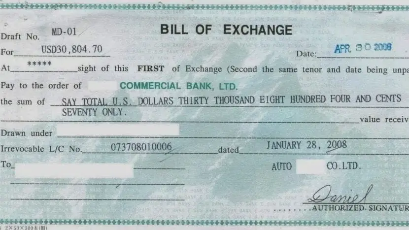The international bill of exchange sample. Diagram or picture showing an example of an international bill of exchange.