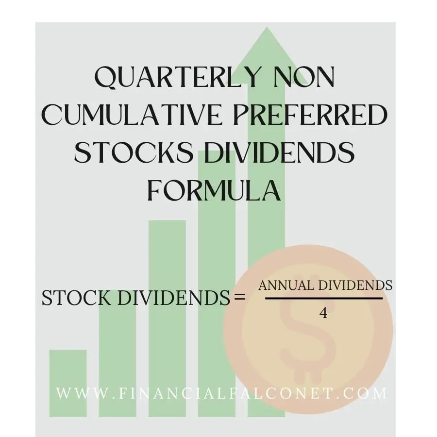Non cumulative preferred stock definition.
An image showing the formula for calculating quarterly dividends for non cumulative preferred stock.