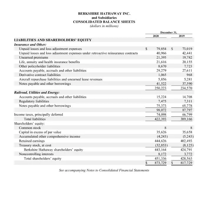 Exert from Berkshire Hathaway balance sheet 2020 for debt to capital ratio calculation